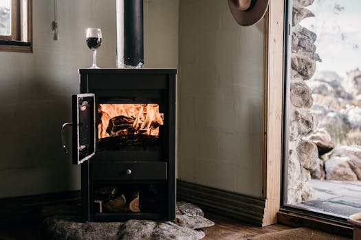 Warm indoor scene with a wood stove burning firewood beside an open door and glass of wine.